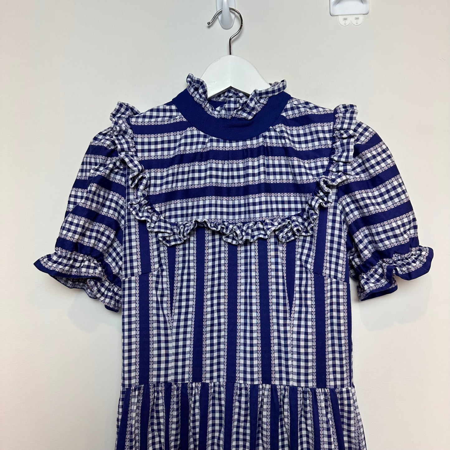 Vintage 70s Handmade Floral Midi Dress High Neck Short Sleeves Blue White Ruffles