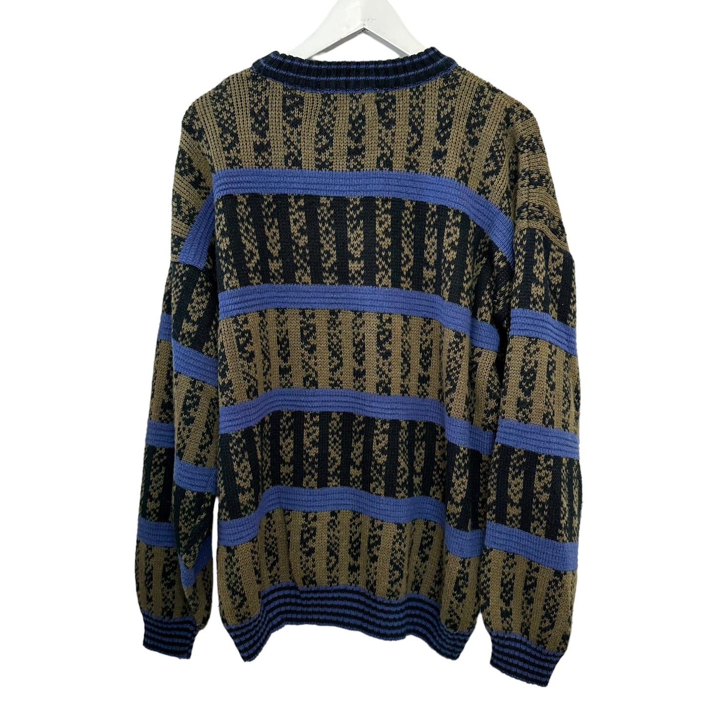 Vintage 90s Zeppelin Chunky Knit Grandpa Sweater Geometric Green Blue Large