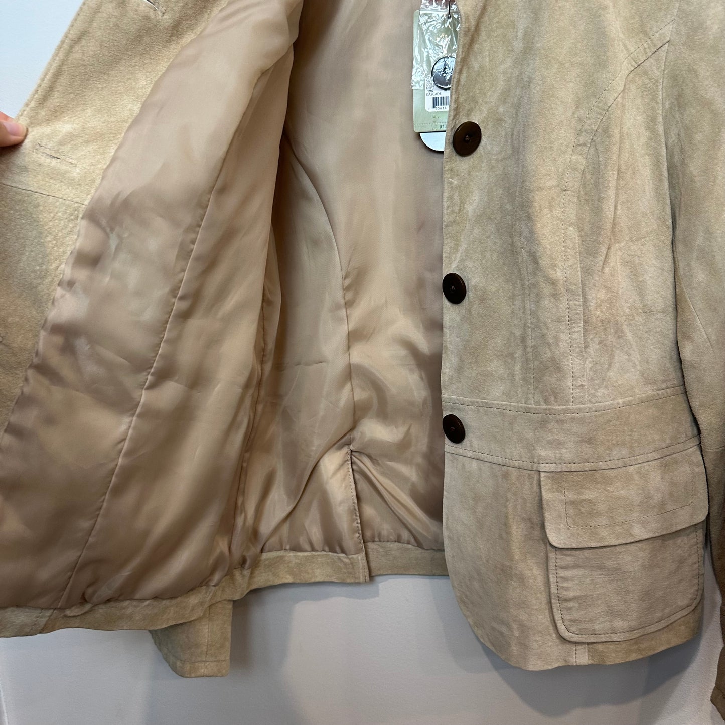 New with Tags Vintage Marshall Field's Suede Leather Jacket Beige Taupe Button Down 14