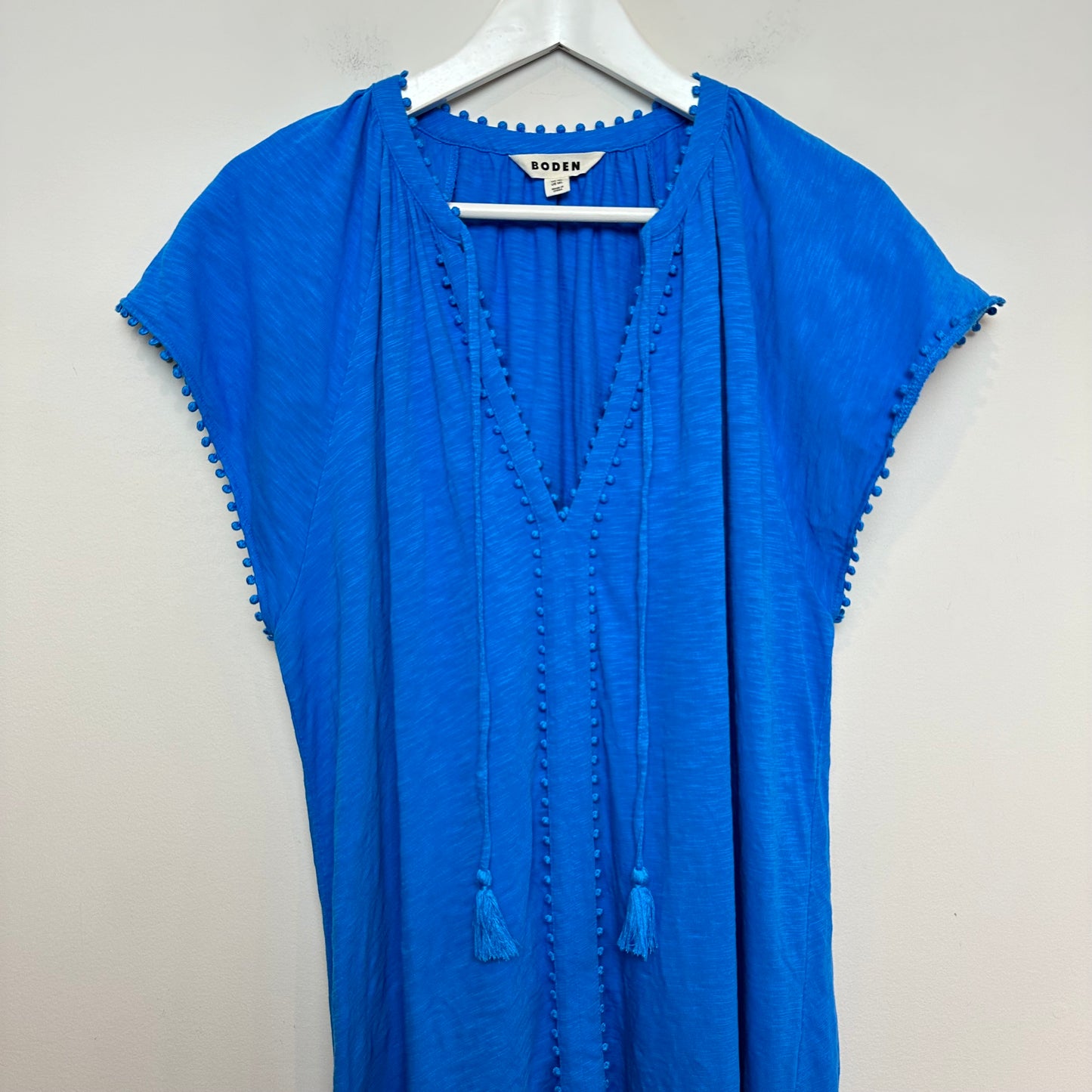 Boden Millie Pom Cotton Dress Blue Short Sleeve Knee Length V Neck 14L