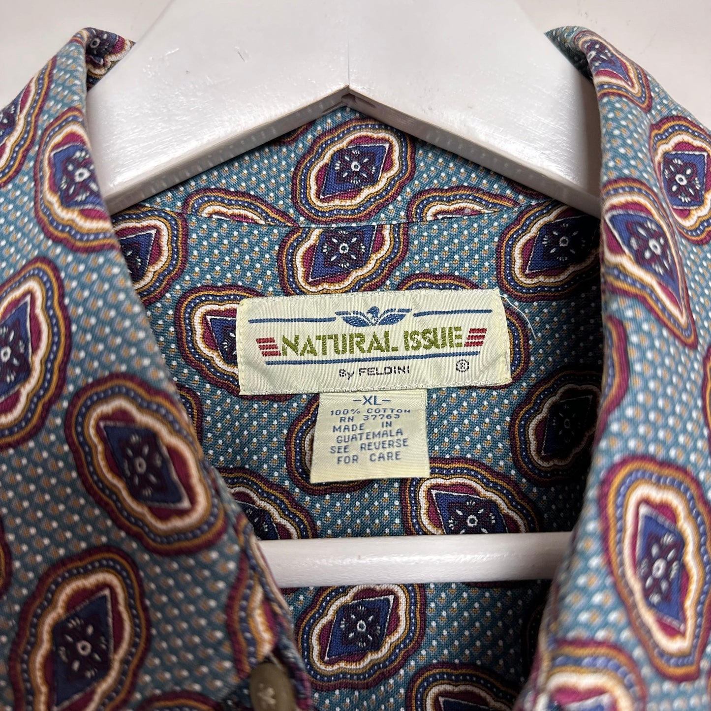 Vintage 90s Natural Issue Geometric Short Sleeve Button Down Collared Shirt Cotton XL