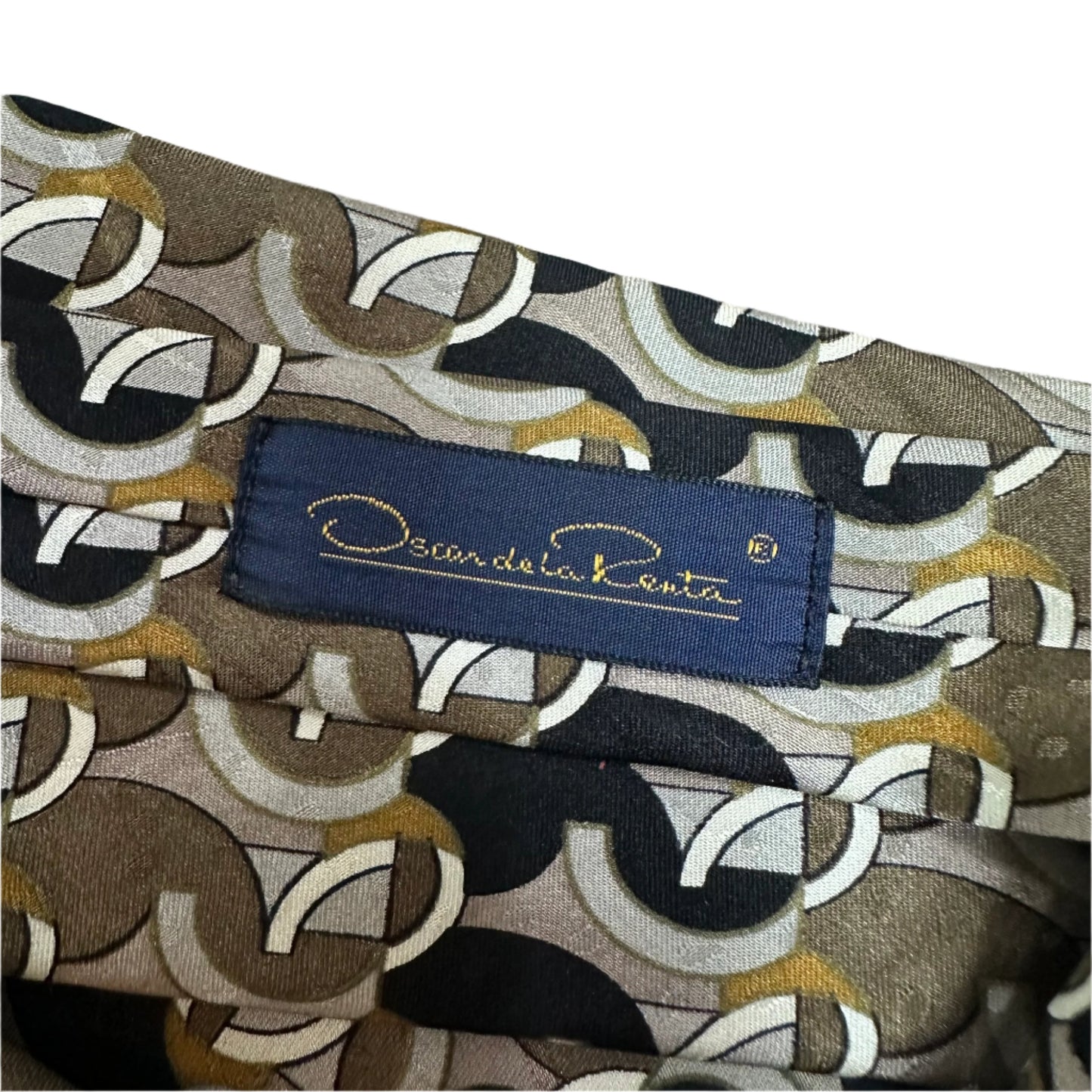 Vintage Oscar de la Renta 100% Silk Tie Geometric Pattern Black Gold Brown USA