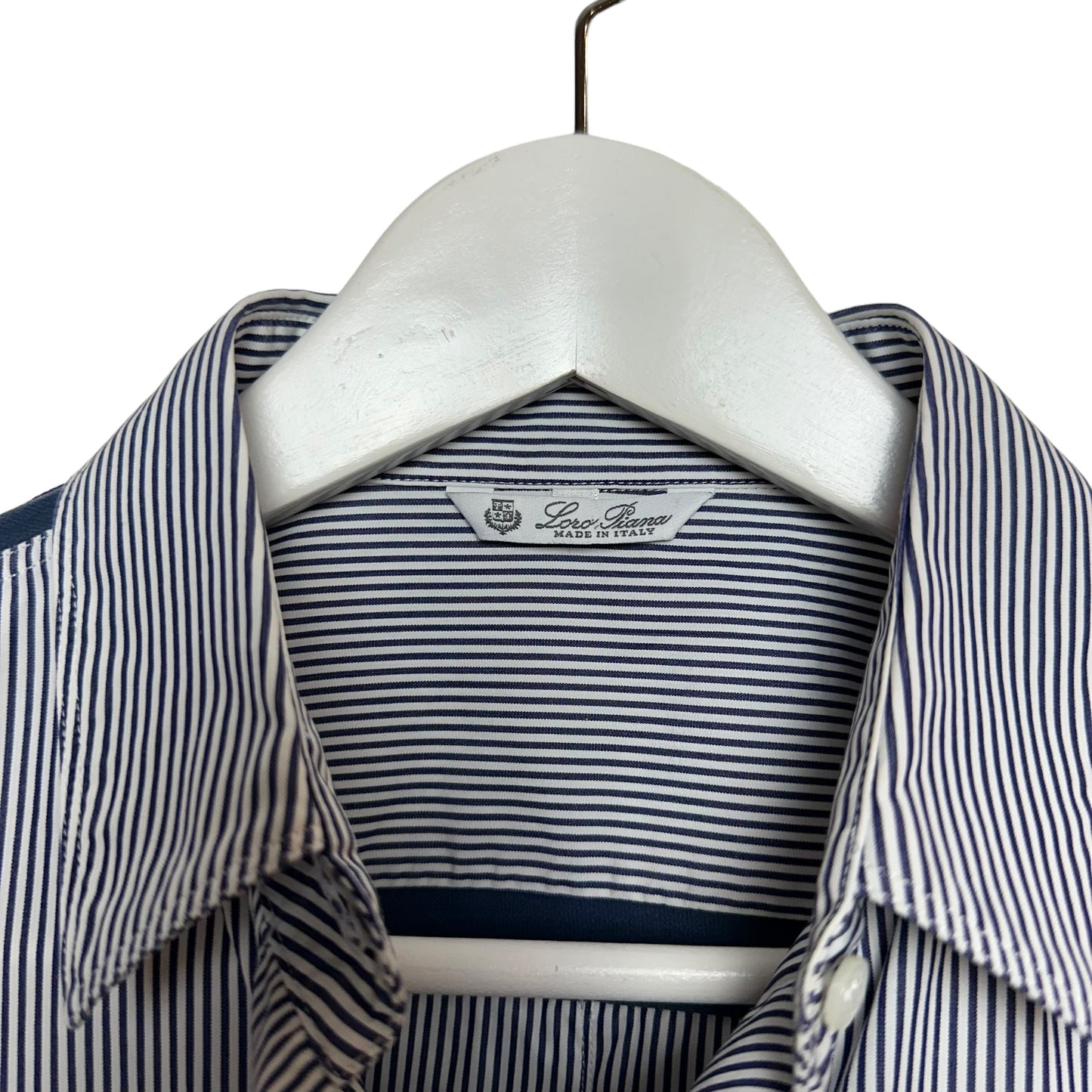 Loro Piana Button Up Shirt Collared Long Sleeve Striped Navy Blue and white Cotton Silk