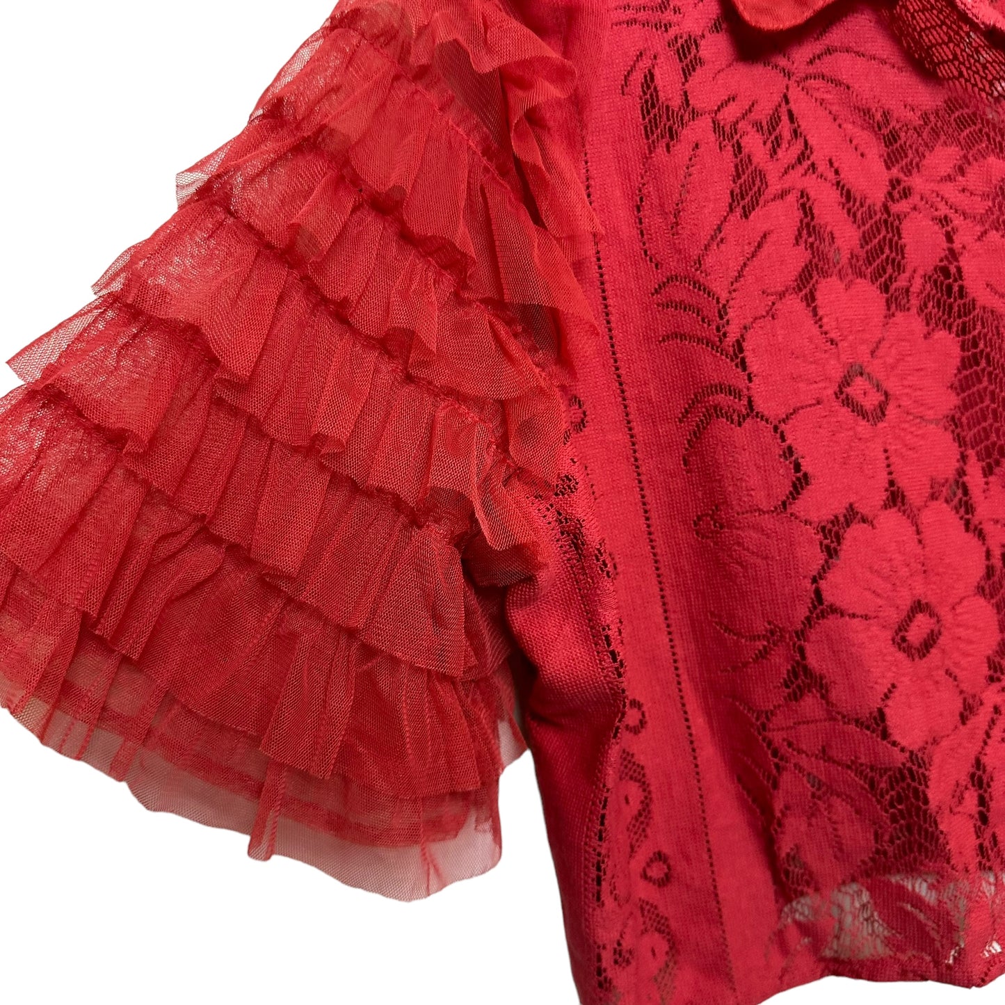 Free People Madonna Ruffle Top Short Sleeve Cropped Blouse Lace Tulle XL