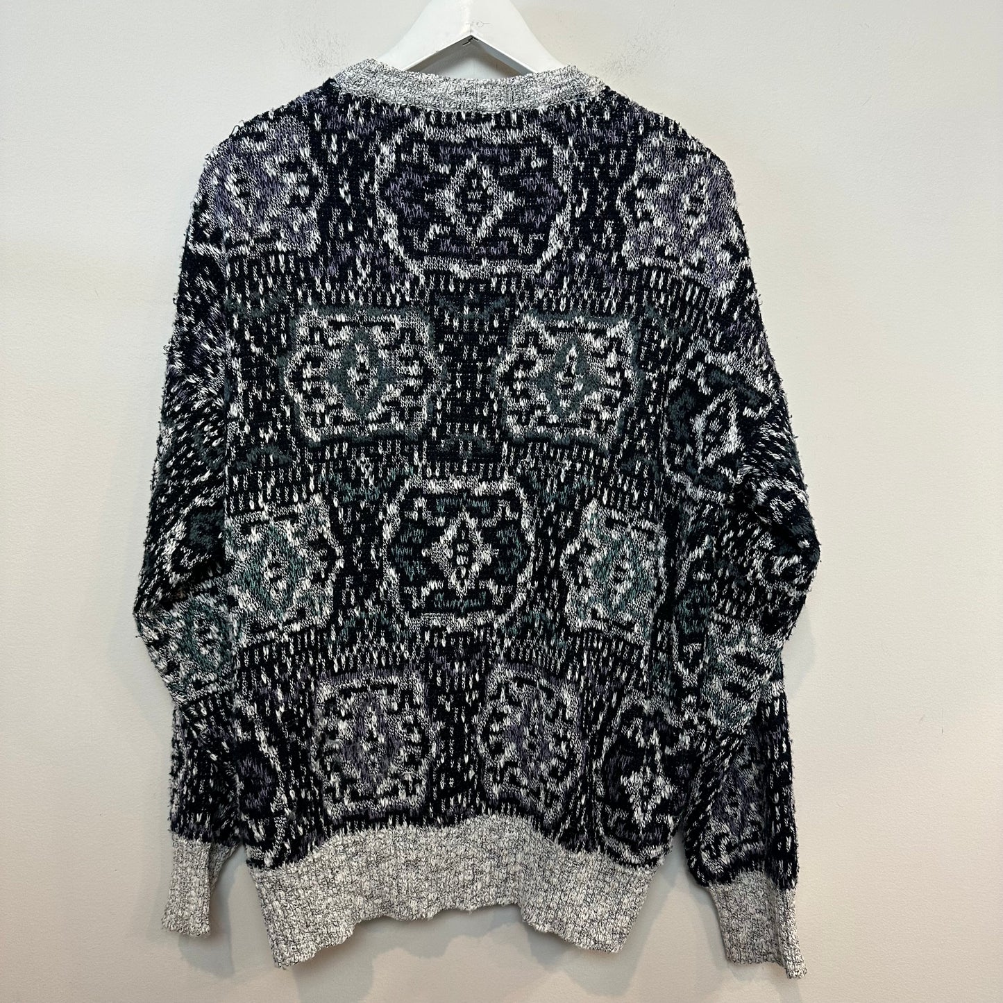 Vintage 80s 90s Method Cardigan Sweater Geometric Black Blue Purple Medium
