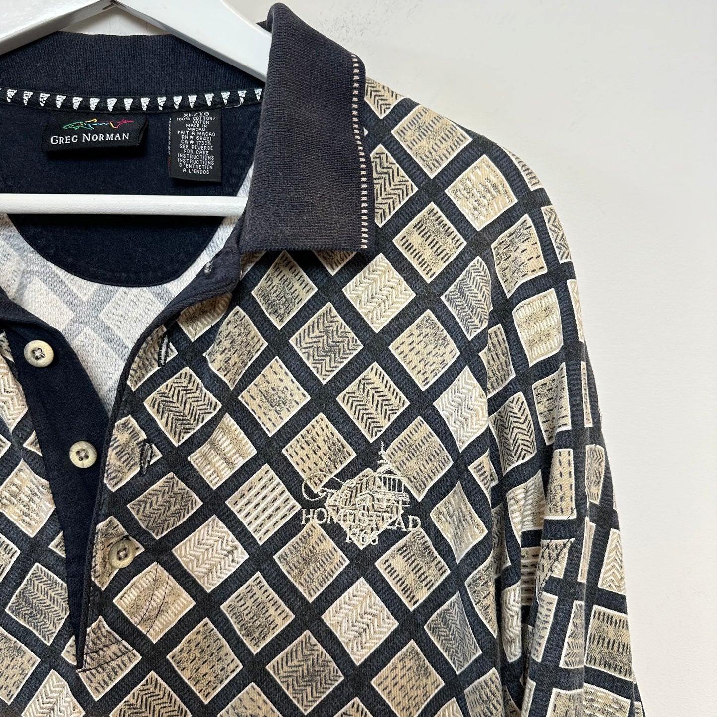 Vintage 90s Greg Norman Polo Shirt Golf Geometric Patterned Black Tan Cotton XL