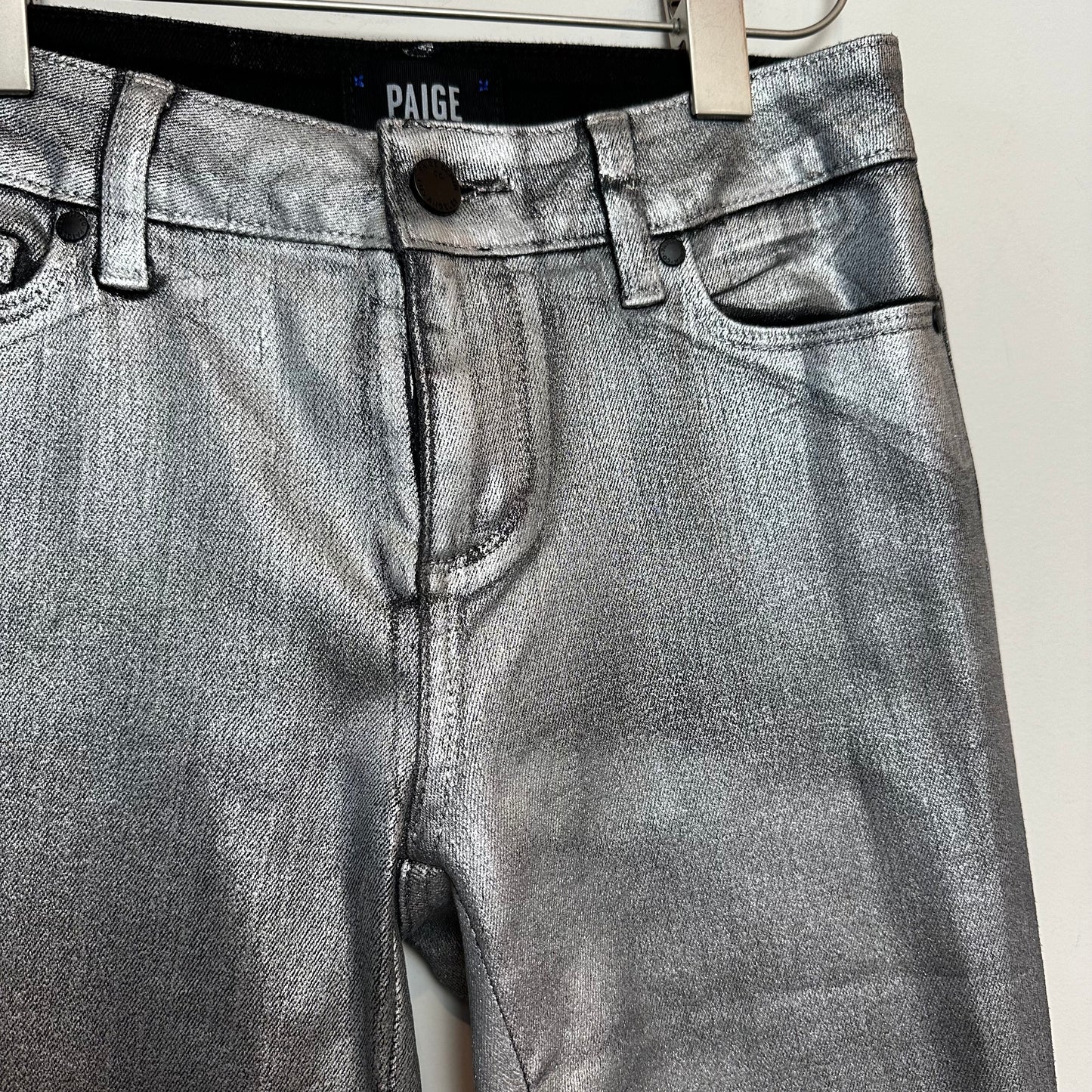 Paige Verdugo Ankle Silver Metallic Coated Denim Pants Skinny Mid Rise 27