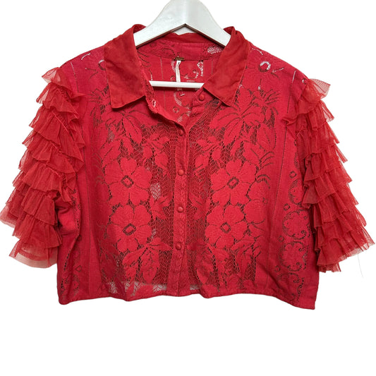 Free People Madonna Ruffle Top Short Sleeve Cropped Blouse Lace Tulle XL