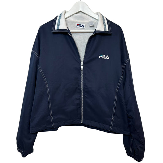 Vintage 90s Fila Jacket Zip Up Wind Breaker Cropped Boxy Navy Blue Collared XL