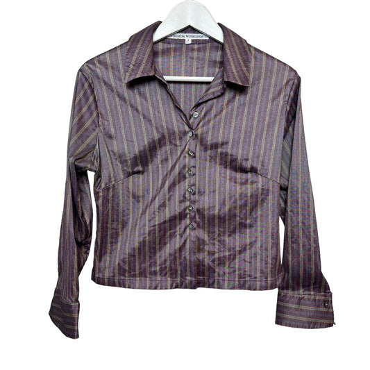 Y2K Vintage Flatiron Workshop metallic Cropped Long Sleeve Button Down Collared Shirt Striped Small