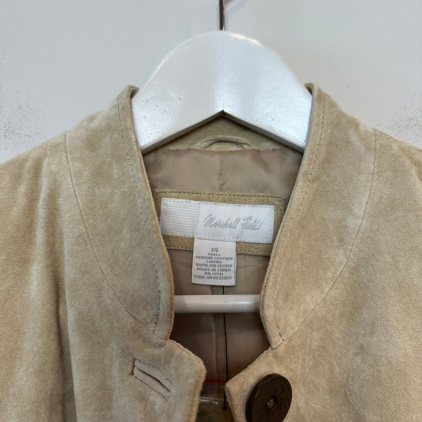 New with Tags Vintage Marshall Field's Suede Leather Jacket Beige Taupe Button Down 14