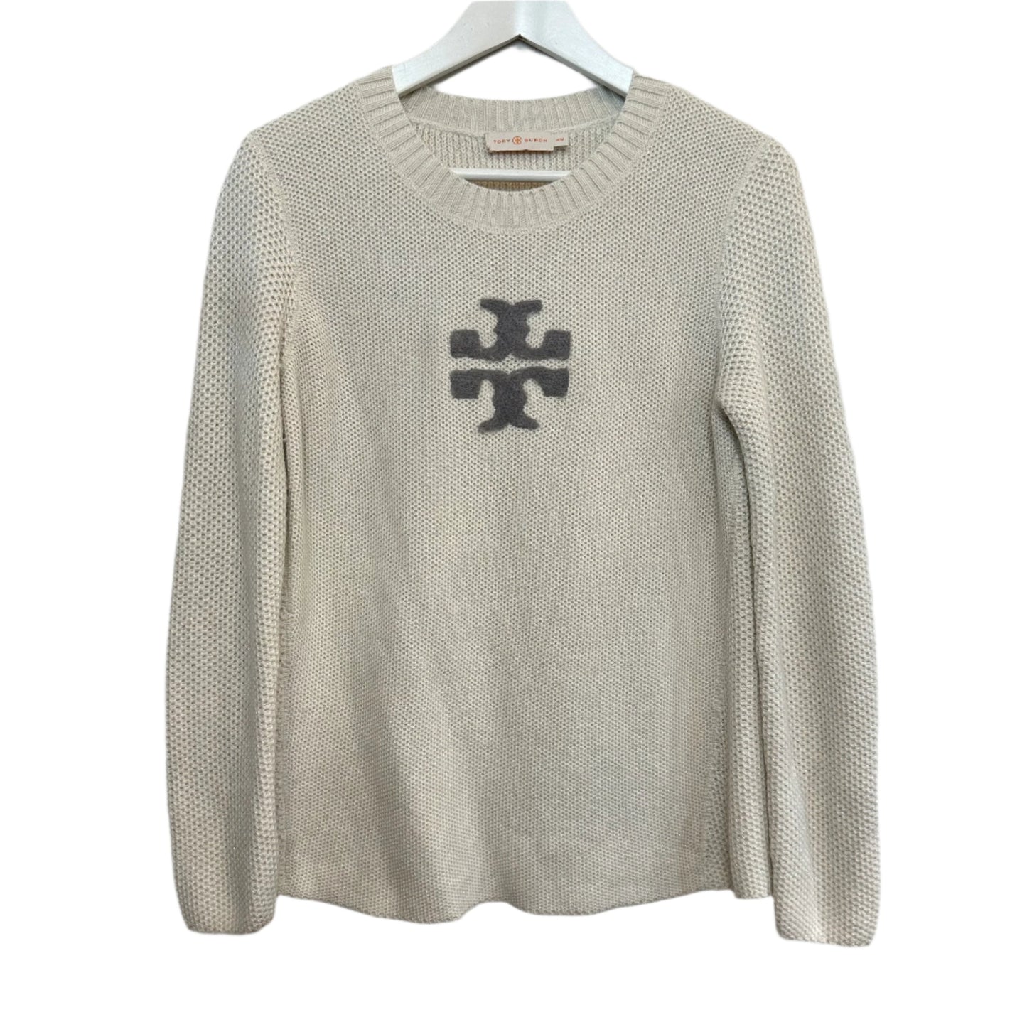 Tory Burch Logo Sweater Crewneck Cream Silver Long Sleeve Knit Medium