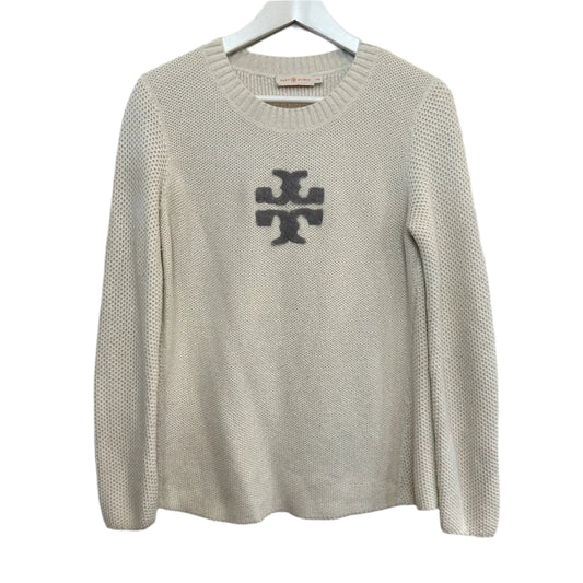 Tory Burch Logo Sweater Crewneck Cream Silver Long Sleeve Knit Medium