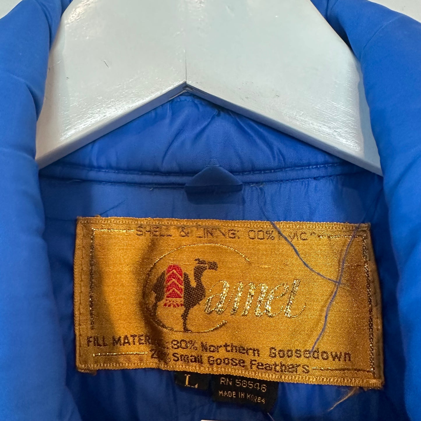 Vintage 70s Camel Goose Down Puffer Vest Goose Feathers Blue Striped Orange Large