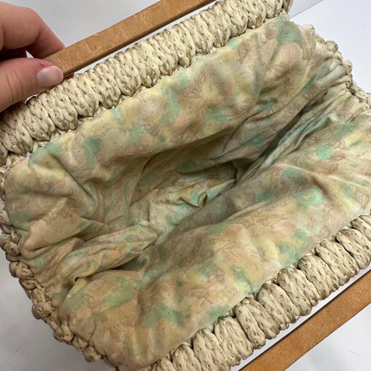 Vintage 70s Macrame Purse Wooden Top Handle Bag