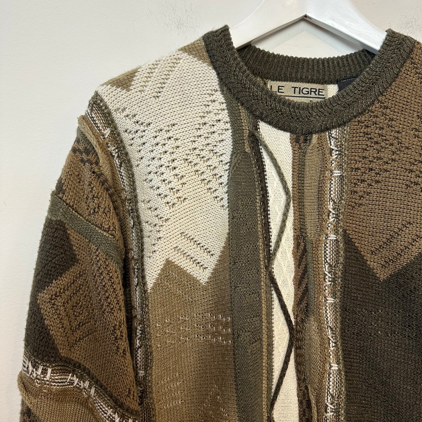 Vintage 90s Le Tigre Sweater Coogi Style Neutral Geometric Acrylic Crewneck Large