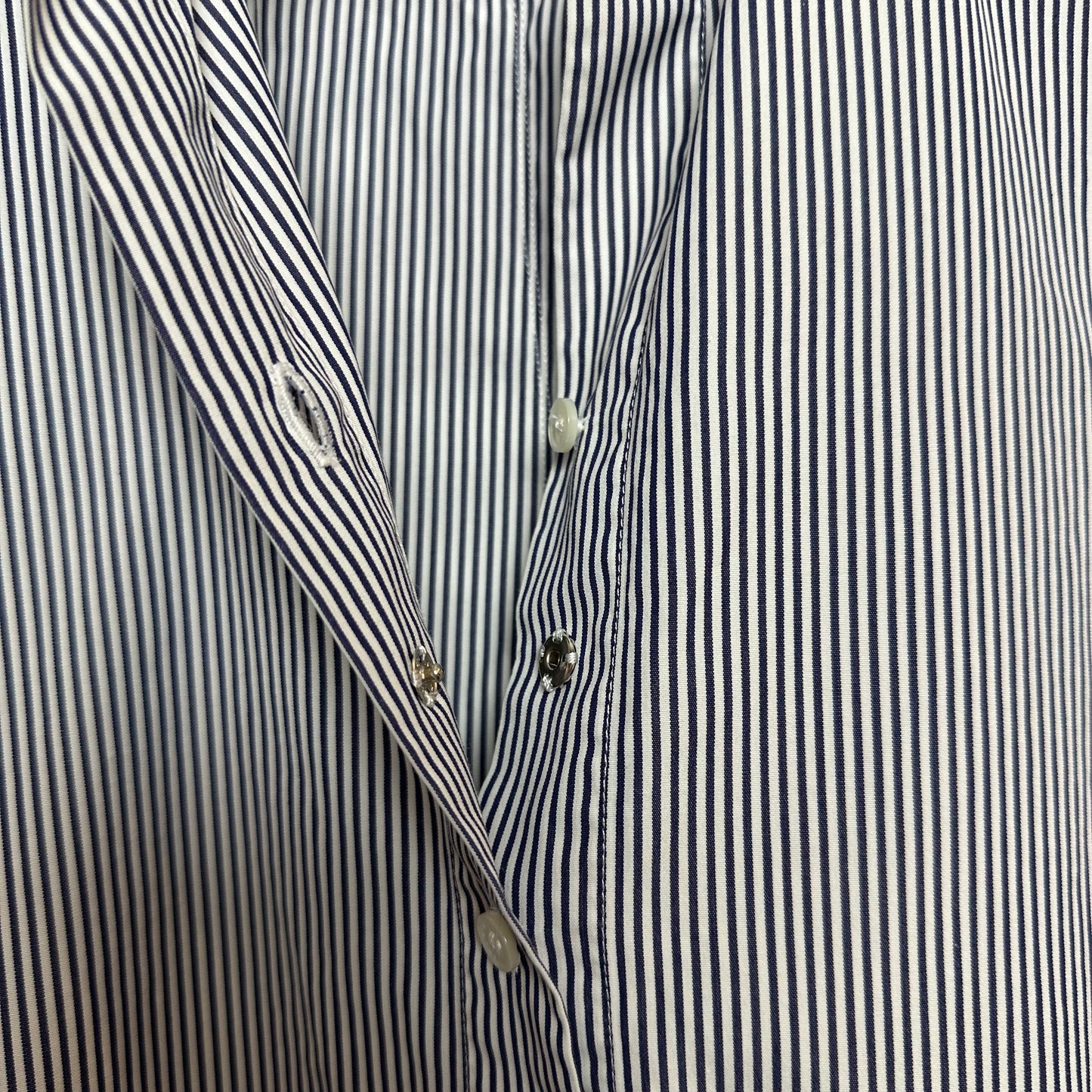 Loro Piana Button Up Shirt Collared Long Sleeve Striped Navy Blue and white Cotton Silk