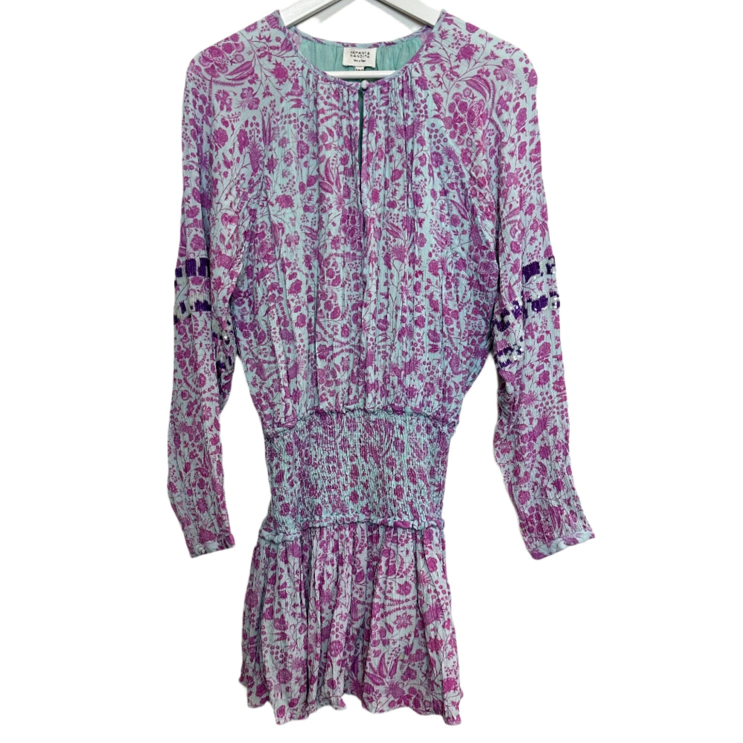 Hemant & Nandita Layla Smocked Waist Mini Dress Purple Sequins Long Sleeve XS