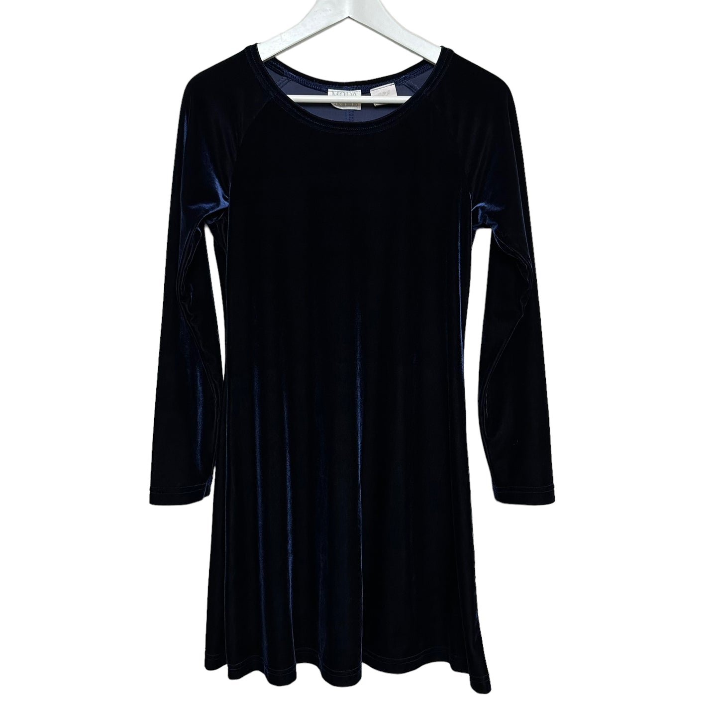 Vintage 90s Moda Int Blue Velvet Long Sleeve Dress Fit and Flare Made in the USA Medium Petite