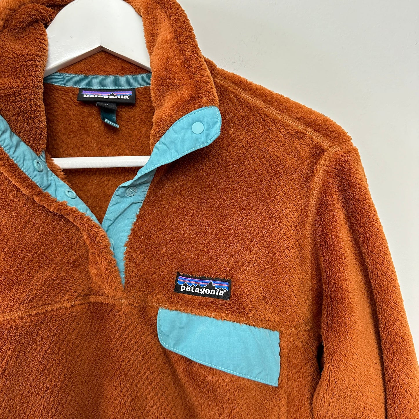 Patagonia Re-Tool Snap T Fleece Rust Brown Teal Blue Half Snap Pullover Medium