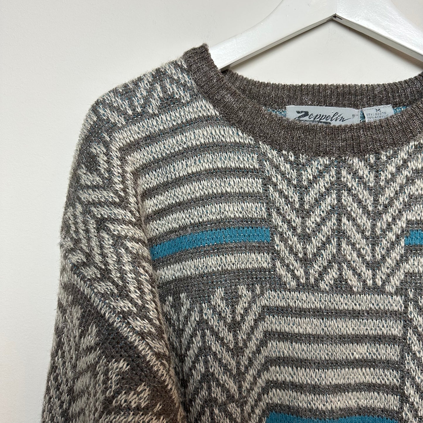 Vintage 90s Zeppelin Chunk Knit Grandpa Sweater Geometric Pattern Gray Blue Medium
