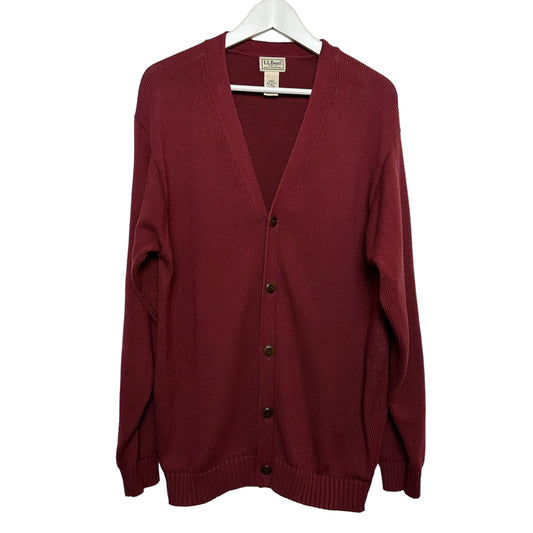 L.L. Bean Chunky Knit Grandpa Cardigan Sweater Maroon Cotton Large Tall