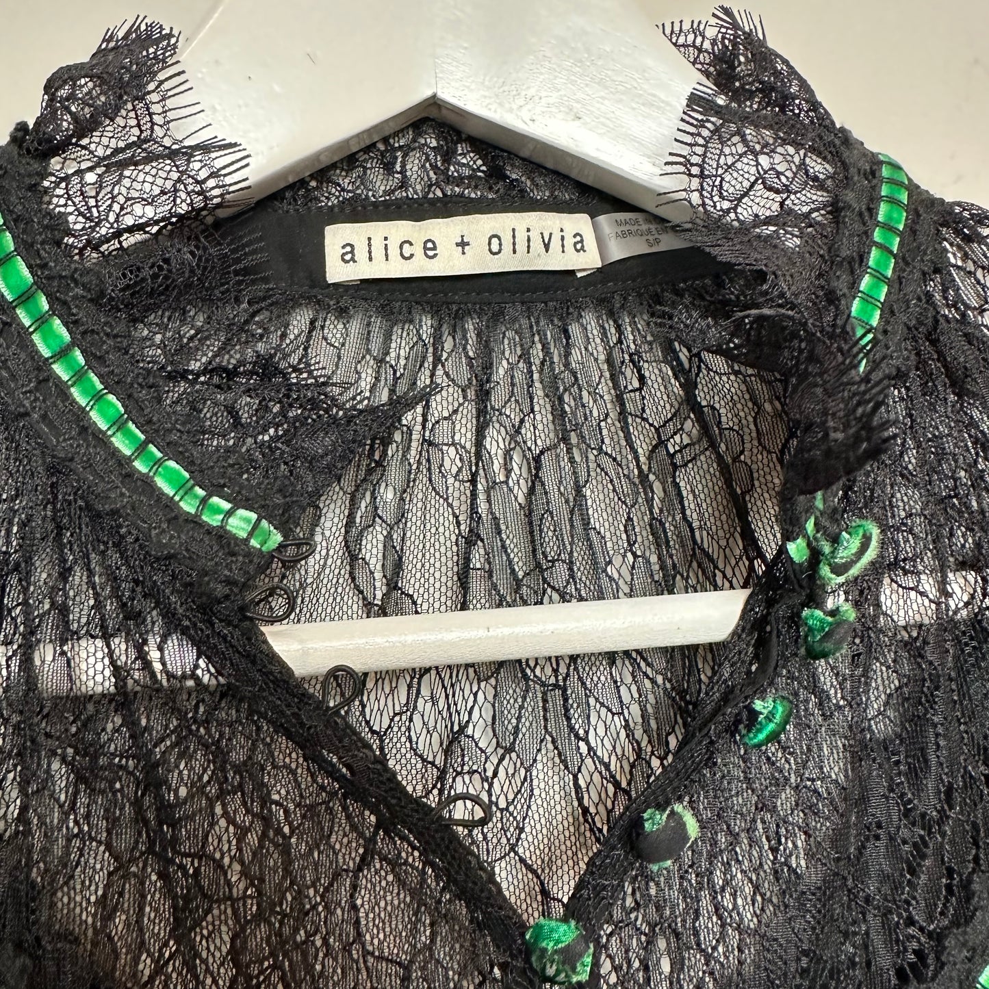 Alice + Olivia Clarice Illusion Yoke Blouse Green Black High Neck Floral Small