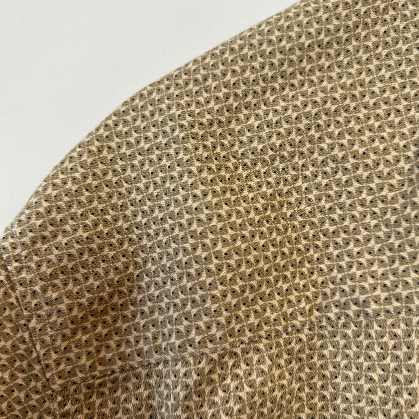 Retro Style Perry Ellis Geometric Pattern Short Sleeve Button Down Collared Shirt Cotton Beige Large