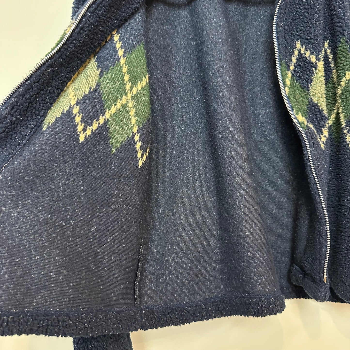 Vintage 90s Paris Sport Club Argyle Cropped Fleece Jacket Zip Up Blue Green Small