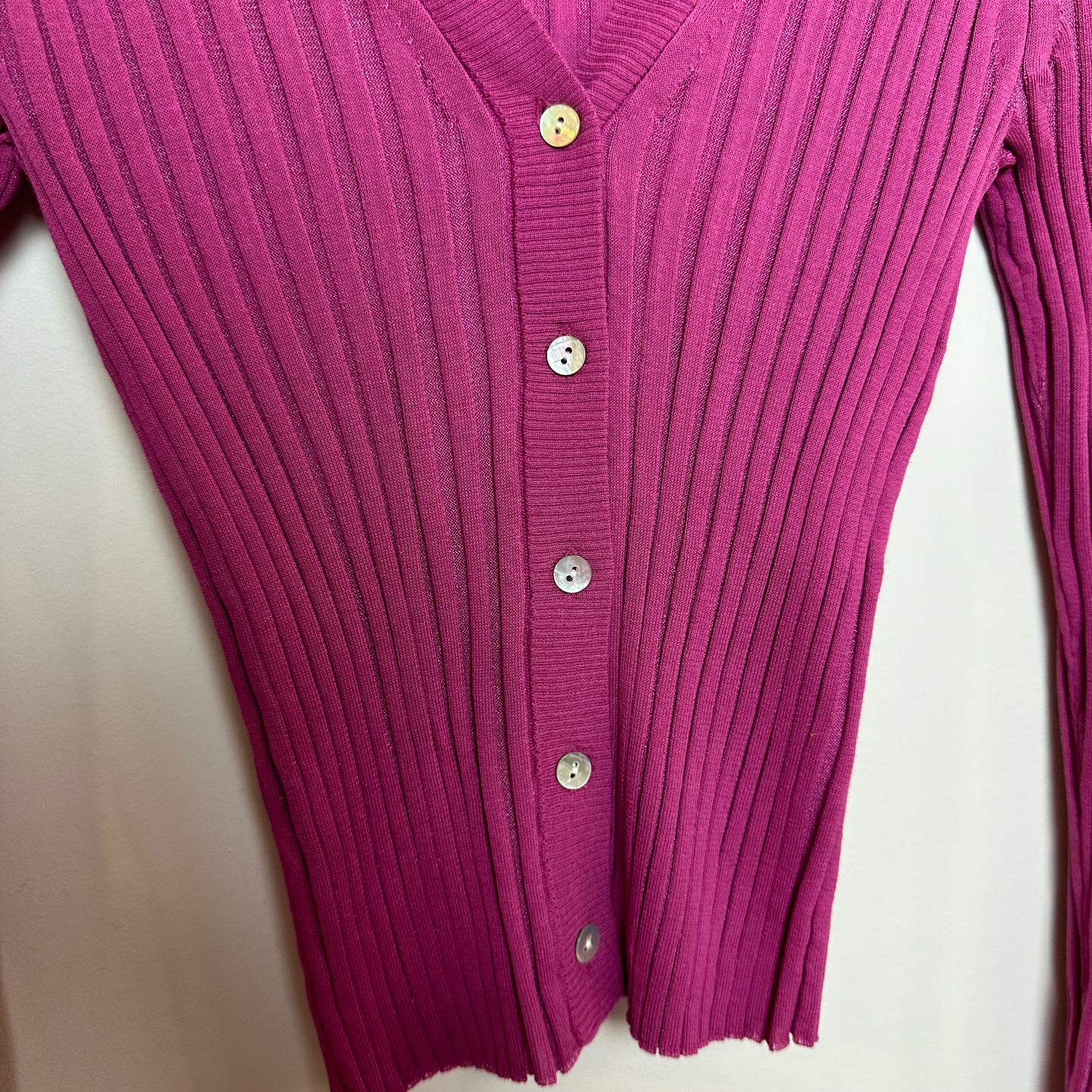 Vince Ribbed V-Neck Cardigan Pink Rosea Ribbed Knit Small