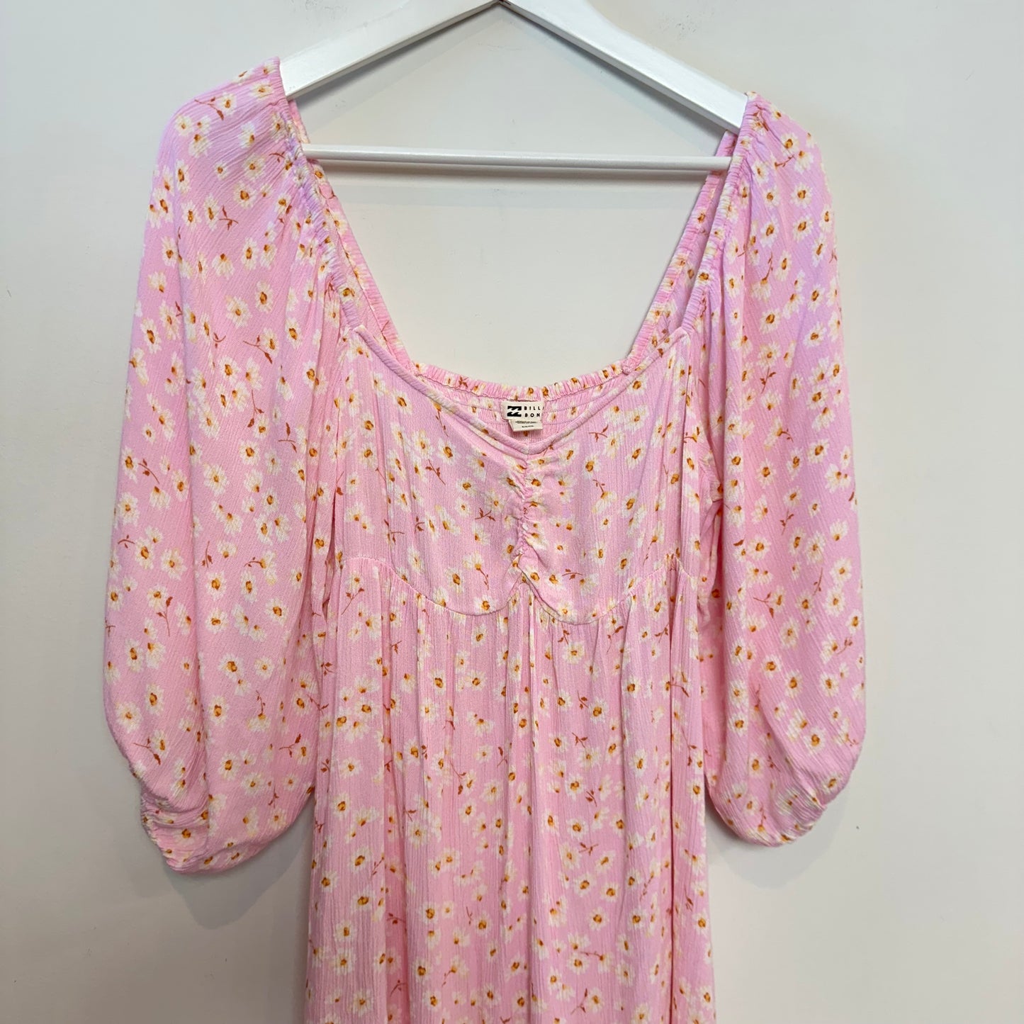 Billabong Pink Floral Swept Away Midi Dress Balloon Sleeves Small