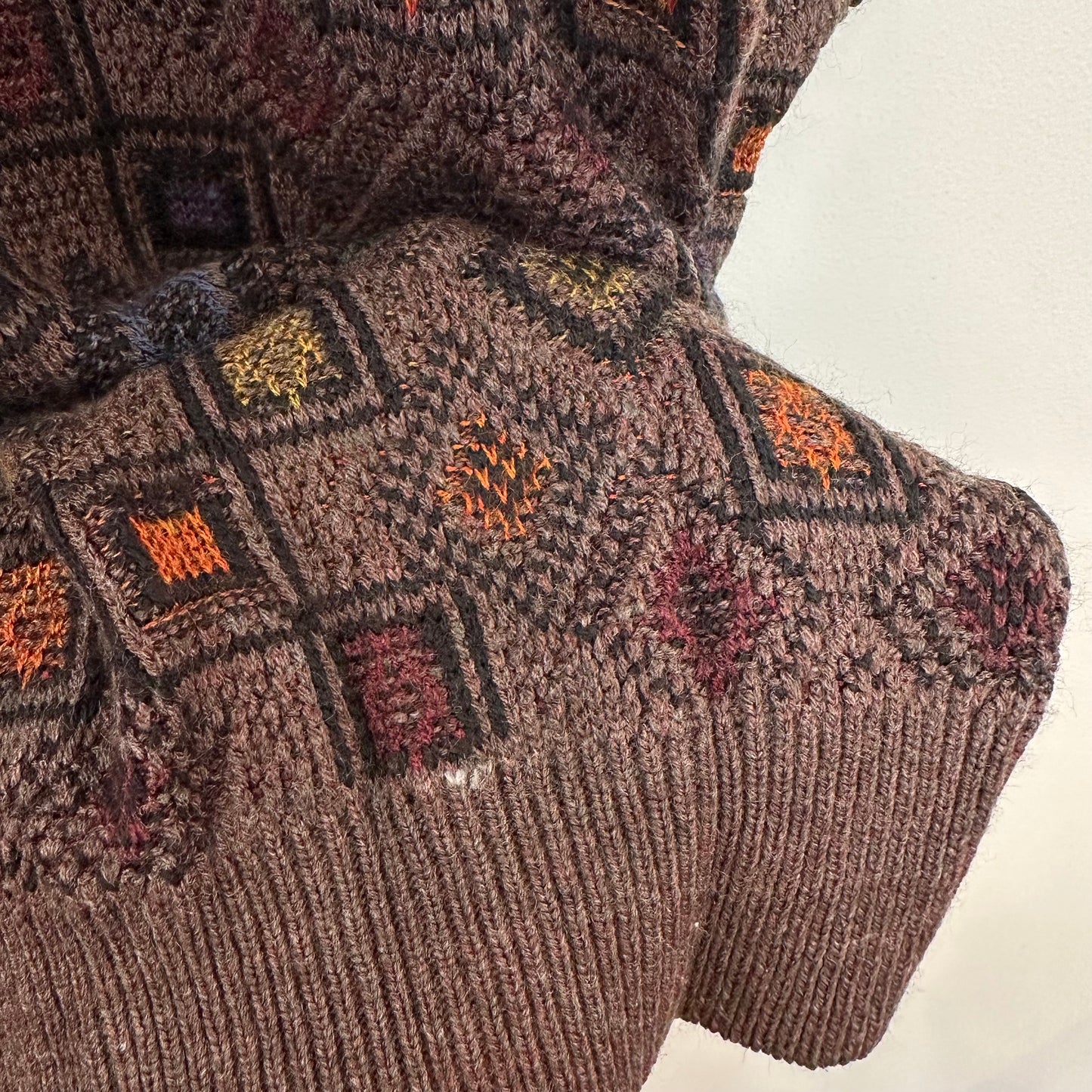 Vintage 90s Jantzen Chunky Knit Grandpa Sweater Geometric Brown Colorful Large