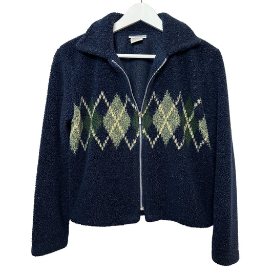Vintage 90s Paris Sport Club Argyle Cropped Fleece Jacket Zip Up Blue Green Small