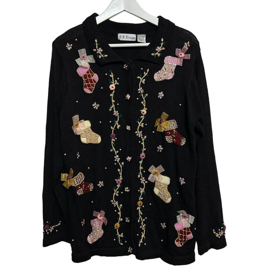 Vintage B.P. Design Christmas Collared Cardigan Sweater with Pink Pastel Stockings Small