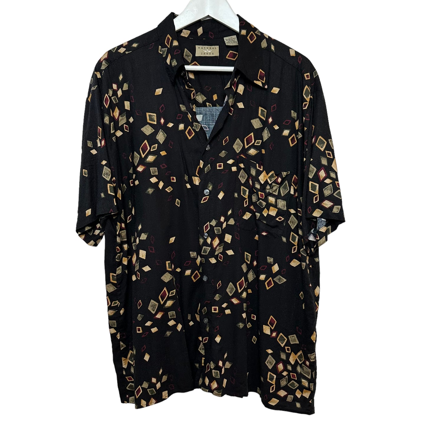 Vintage 90s Natural Issue Black Geometric Patterned Short Sleeve Button Up Large