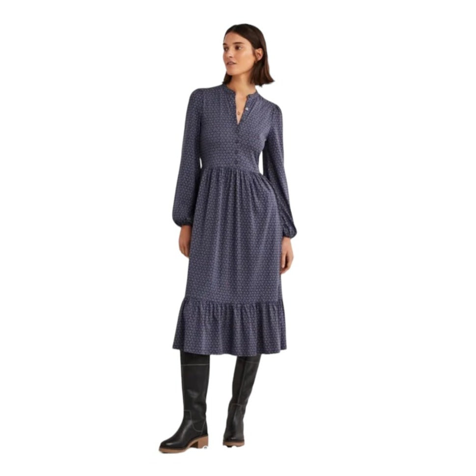Boden Buttoned Jersey Floral Navy Midi Long Sleeve Dress 2