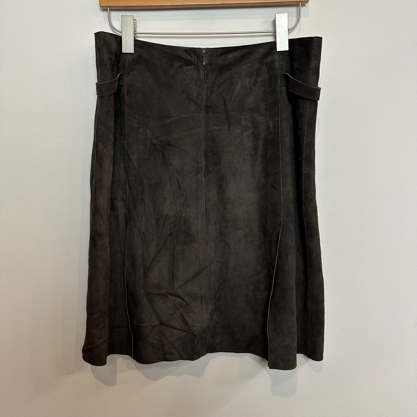 Akris Punto Suede Leather Skirt A Line Switzerland Brown Grey Slits 10