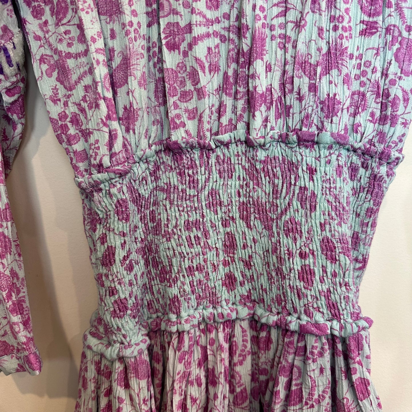 Hemant & Nandita Layla Smocked Waist Mini Dress Purple Sequins Long Sleeve XS