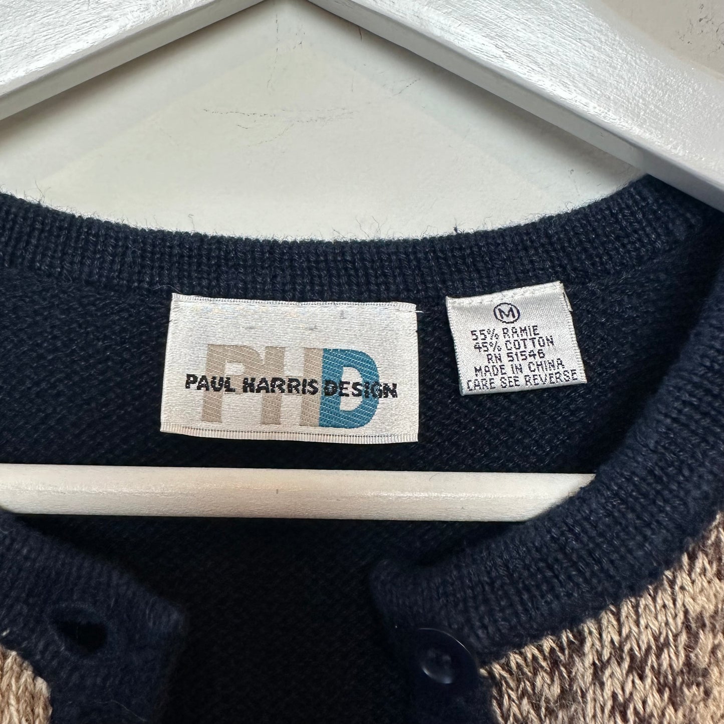 Vintage 90s Paul Harris Design Checkered Knit Cardigan Sweater Blue Beige Medium