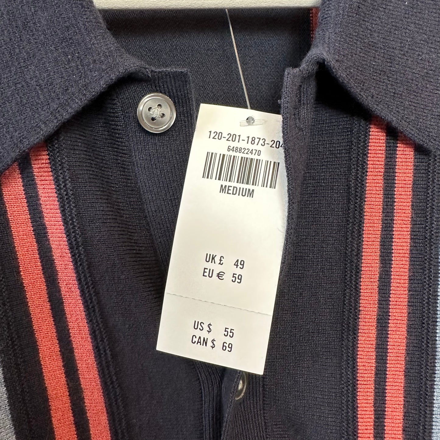 New with Tags Abercombie & Fitch Striped Button Through Sweater Polo Navy Blue Red Medium