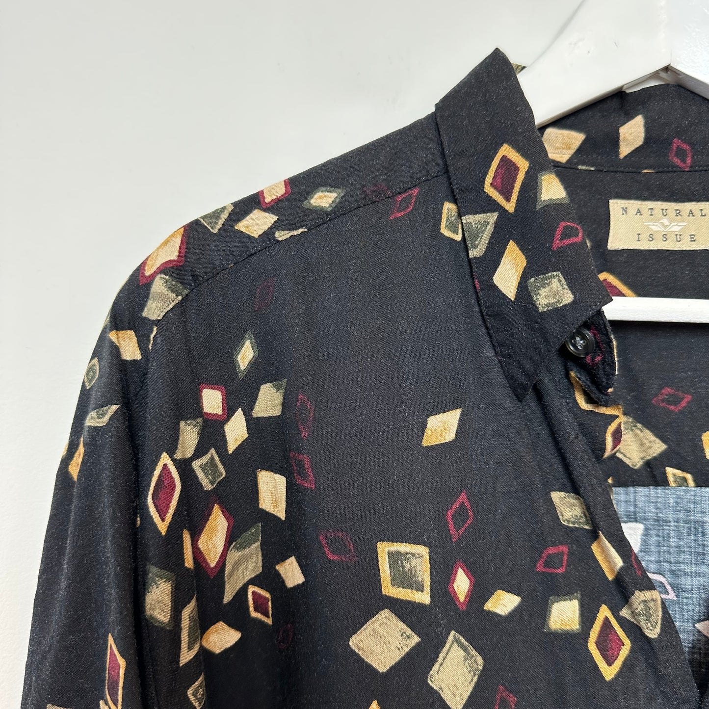Vintage 90s Natural Issue Black Geometric Patterned Short Sleeve Button Up Large