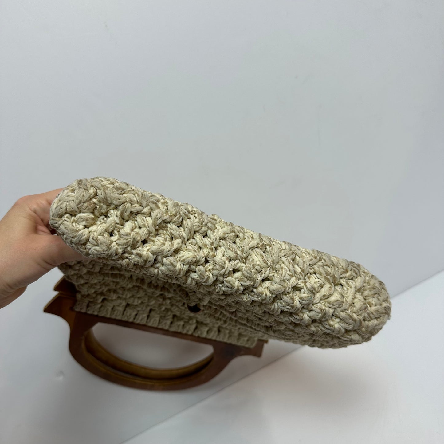 Vintage 70s Macrame Purse Wooden Top Handle Bag