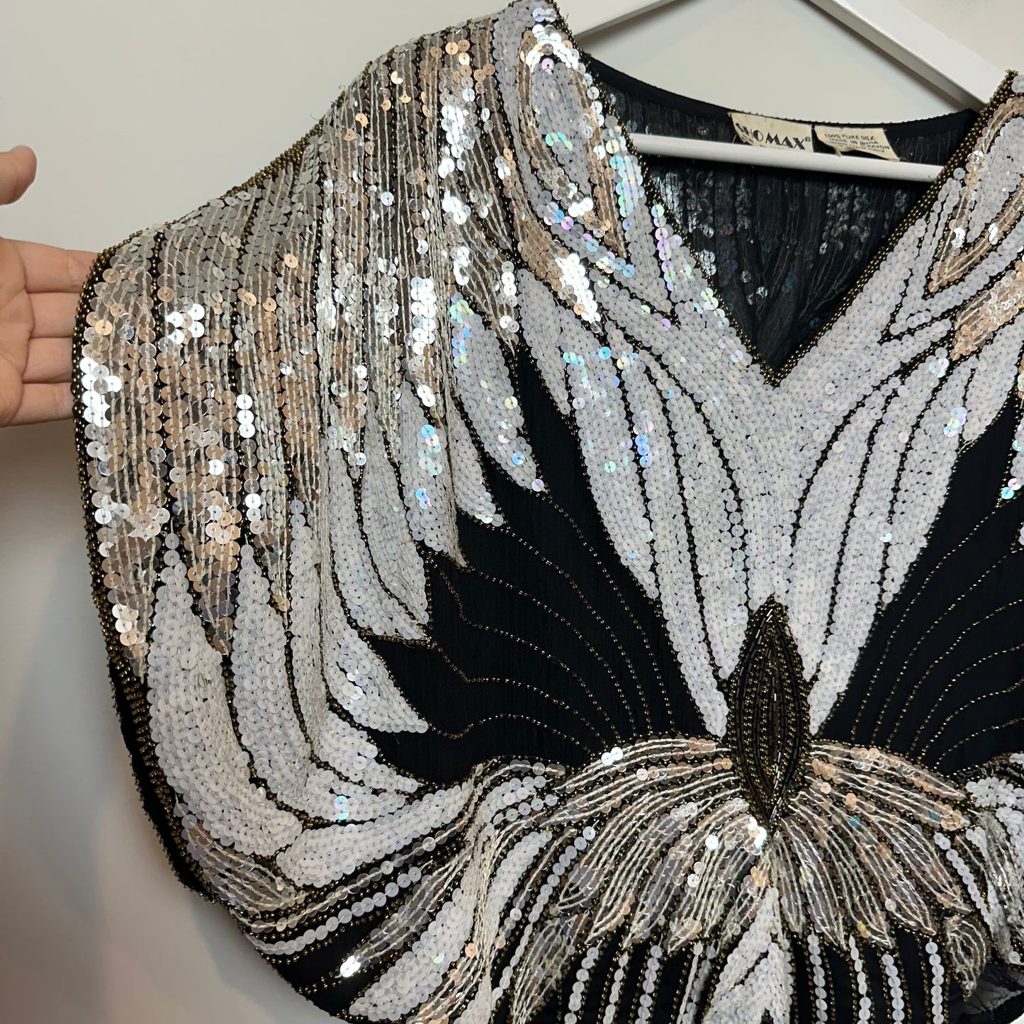 Vintage 80s Shomax Silk Beaded Butterfly Blouse Sequin Top