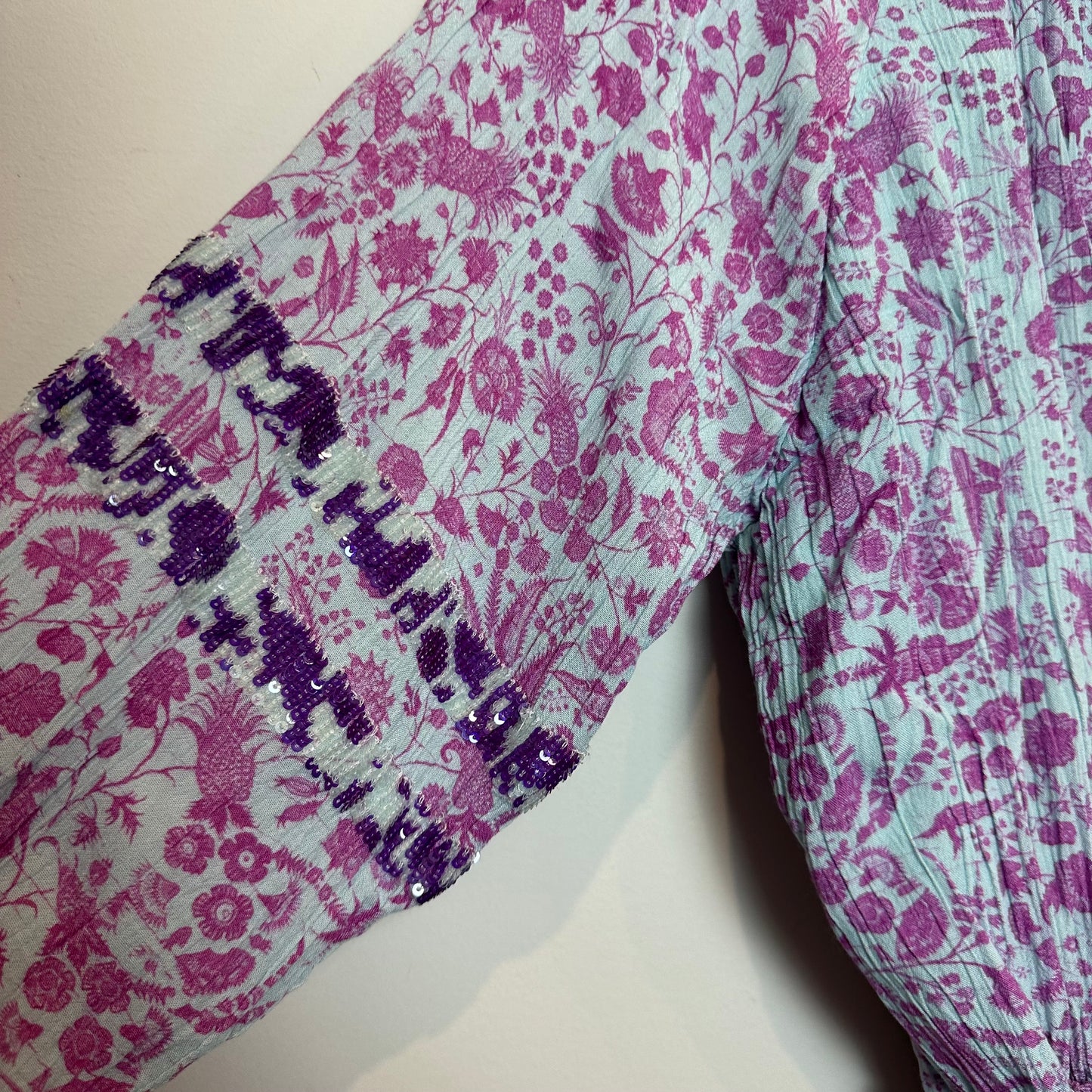 Hemant & Nandita Layla Smocked Waist Mini Dress Purple Sequins Long Sleeve XS