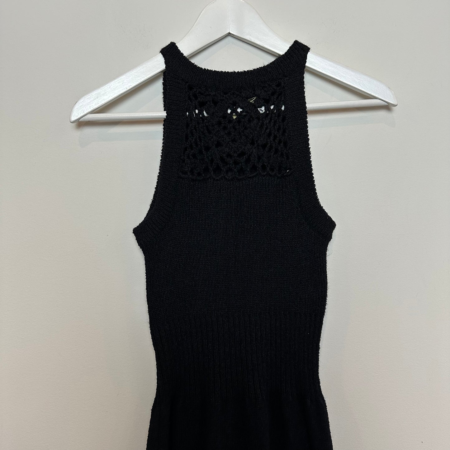 Vintage 70s Knit Maxi Dress High Neck Halter Crochet Wool Blend