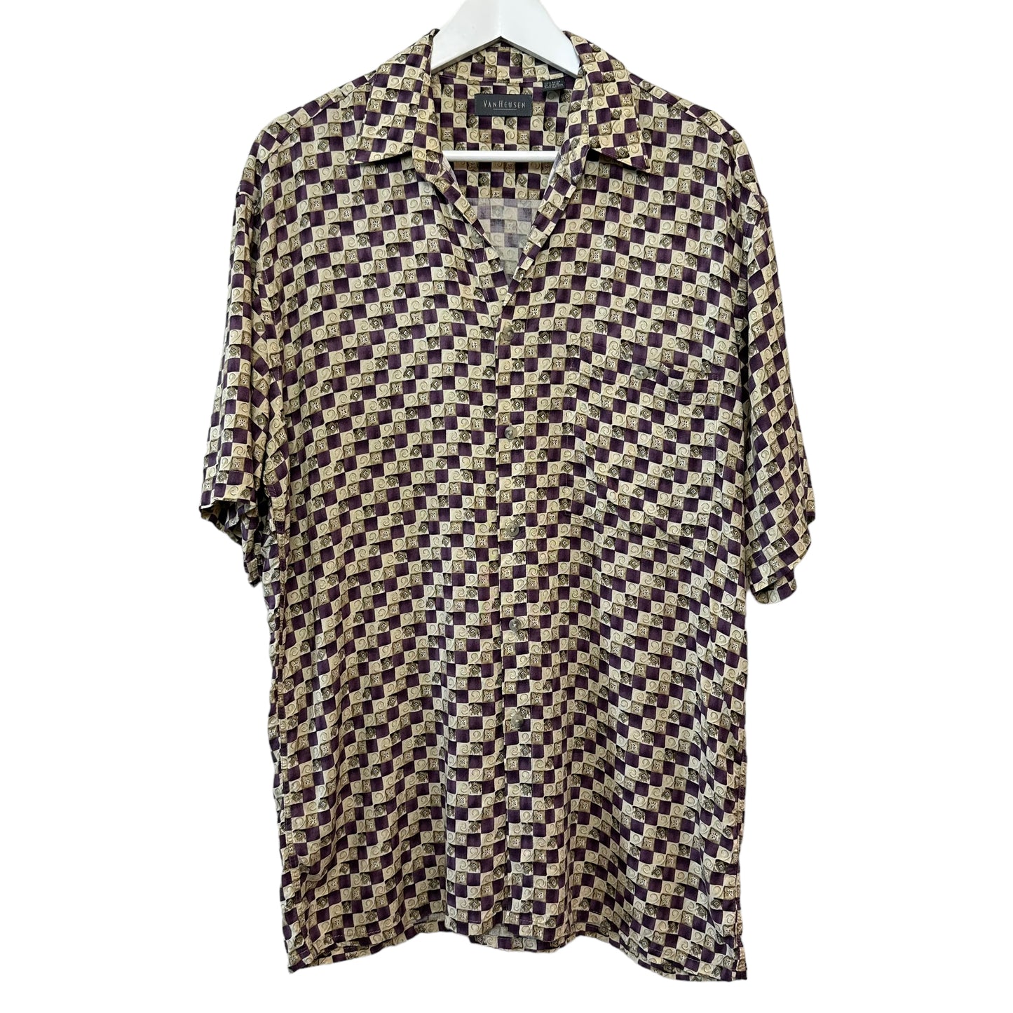 Retro Style Van Heusen Checkered Print Short Sleeve Button Down Collared Shirt Rayon Medium
