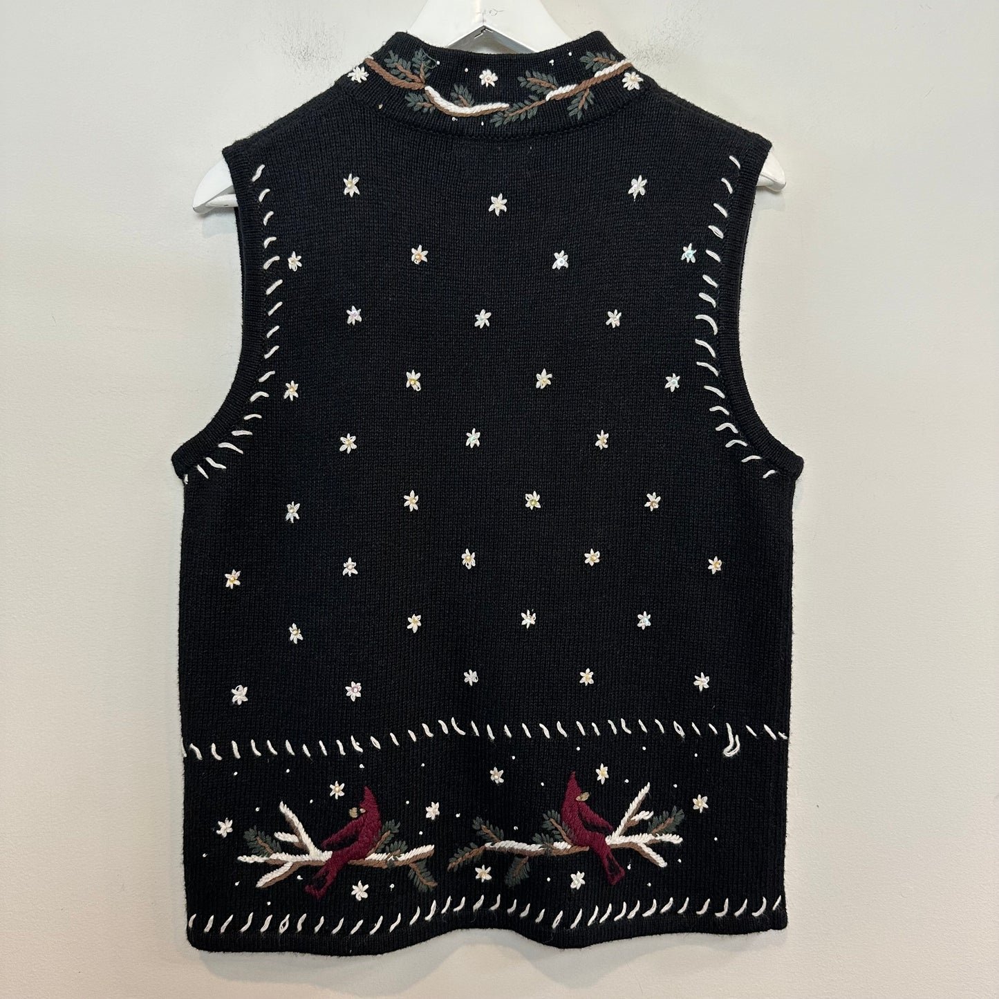 Christopher & Banks Sweater Vest Cardinals Hand Embroidered Black Burgundy Zip M