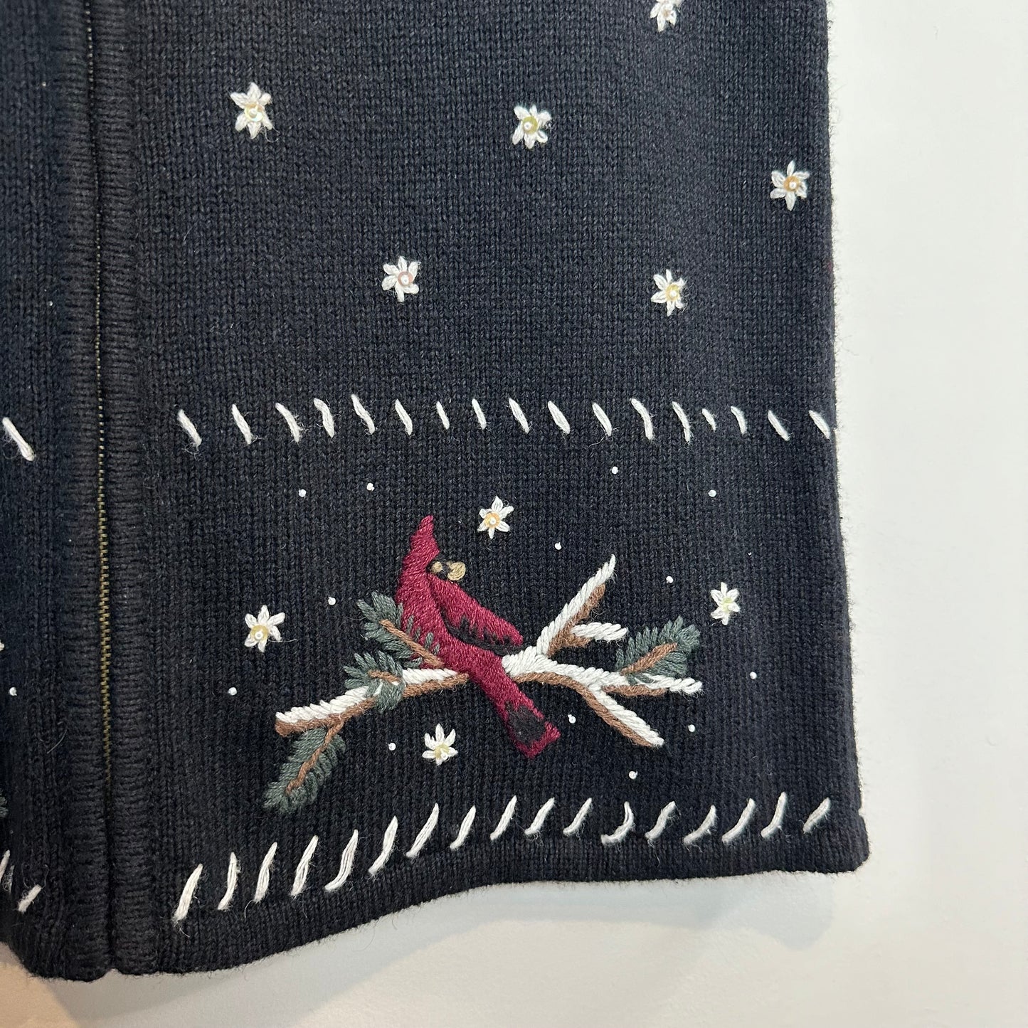Christopher & Banks Sweater Vest Cardinals Hand Embroidered Black Burgundy Zip M