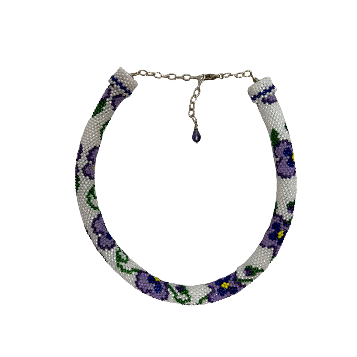 Beaded Pansies Necklace Purple Flowers Crochet Beaded