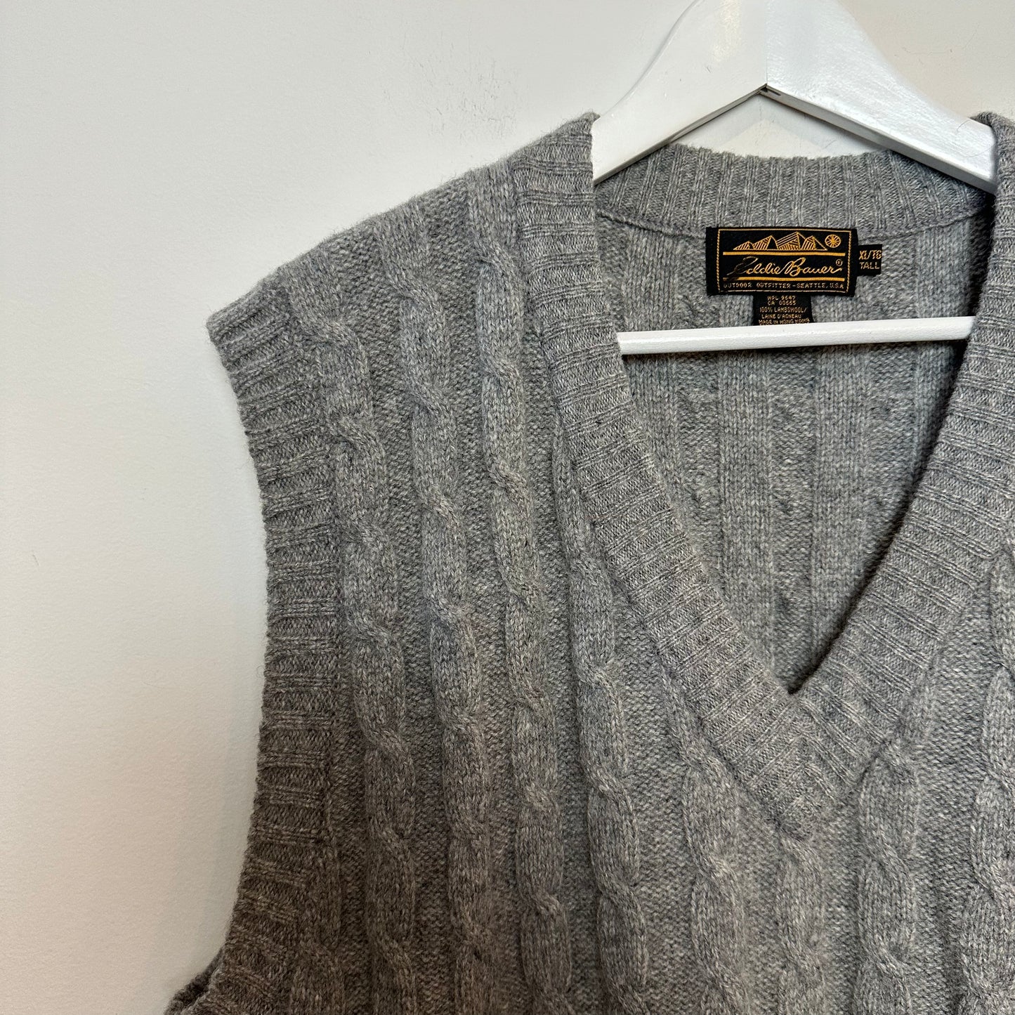 Vintage Eddie Bauer Cable Knit Sweater Vest Gray V Neck 100% Lambswool XL Tall